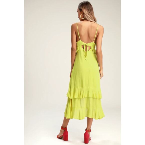 Lulus “Island Time” Lime Green Ruffled Sleeveless Midi Dress – Size Medium - Picture 4 of 9